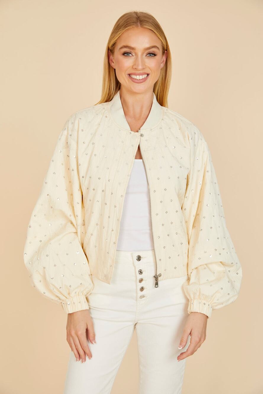 Dolce Cabo Bomber Jacket Bridal Embellished Balloon Sleeve Chic Ivory NWT Large